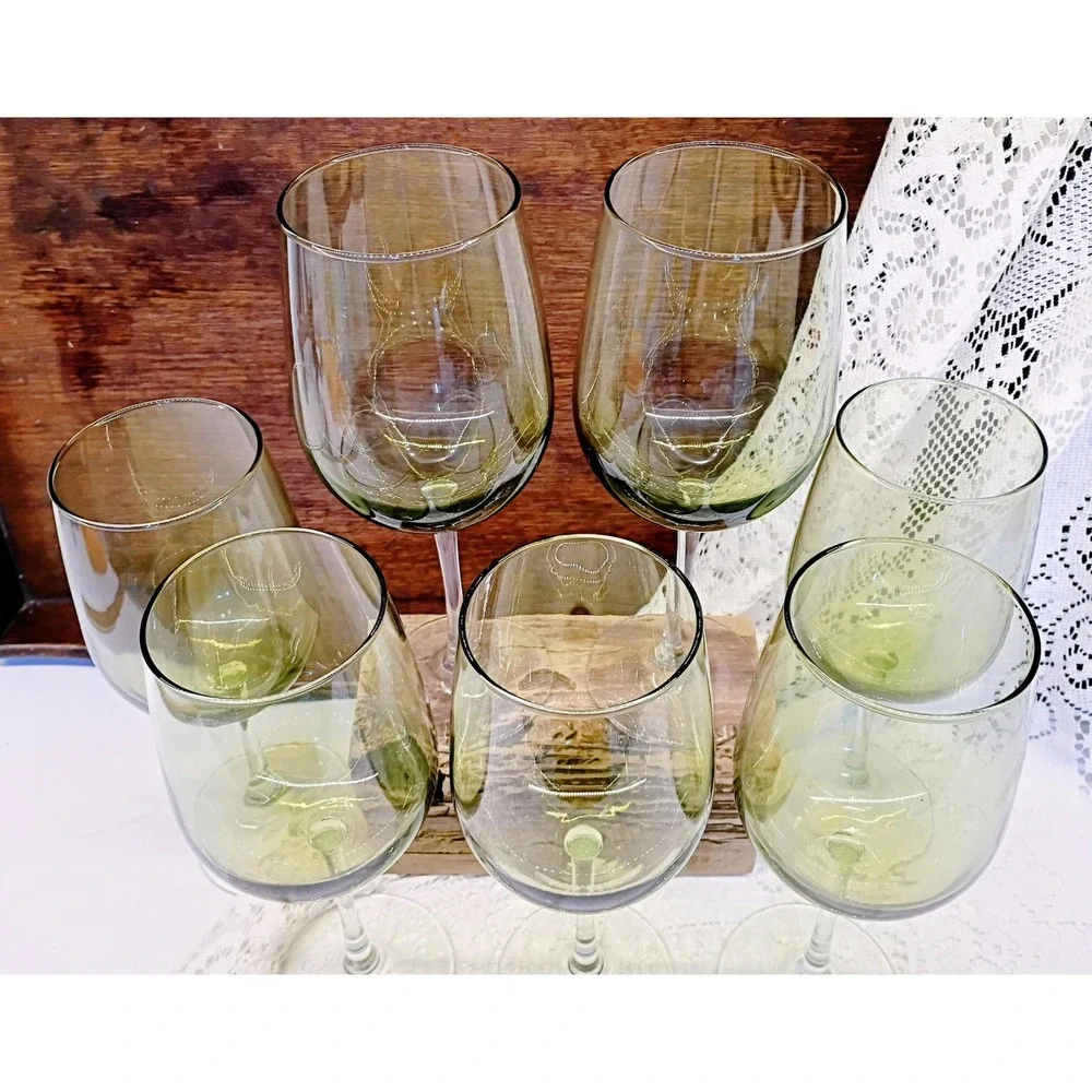 Set of 6 Olive Green Tinted Wine Glasses Long Stem Clear Base 9 Inch 2.75 Rim